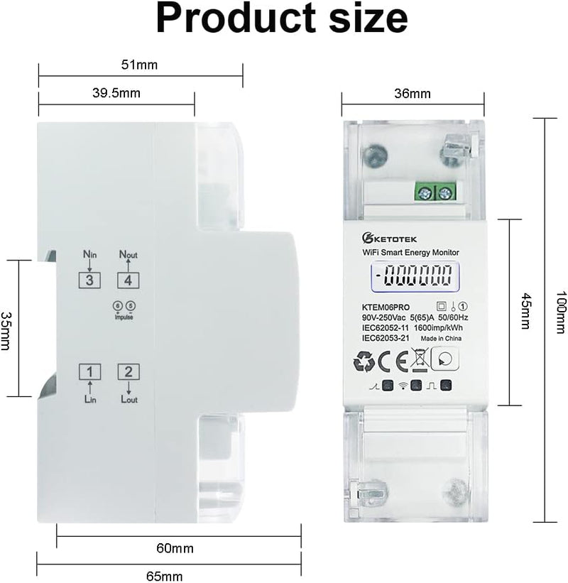KETOTEK Smart Stromzähler Hutschiene 1 Phasig Bidirektional, Digital Energiezähler WLAN 5(65) A 90-2