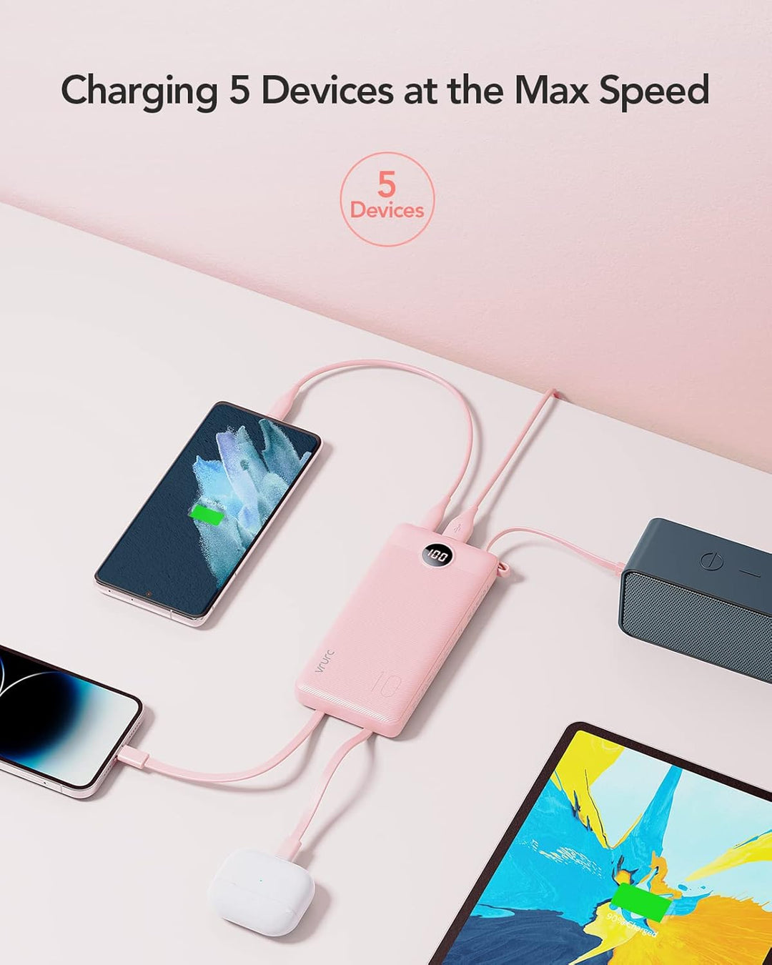 VRURC Powerbank 10000mAh mit Kabel, Power Bank Tragbares Ladegerät USB C Externer Handyakkus LED Dis