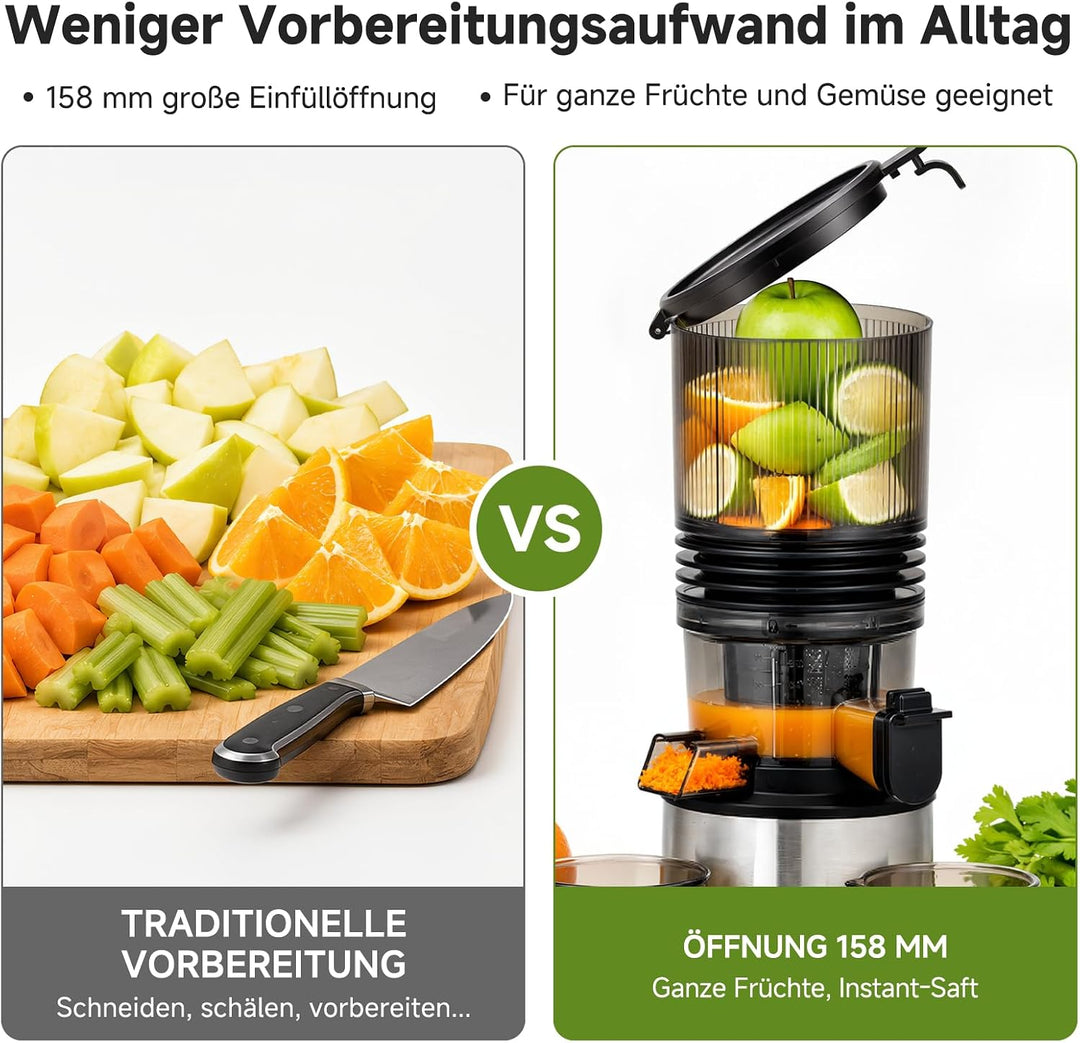 AMZCHEF Entsafter - Slow Juicer mit 158 mm grossem Einfüllschacht Extra Large Silber/Schwarz, Extra