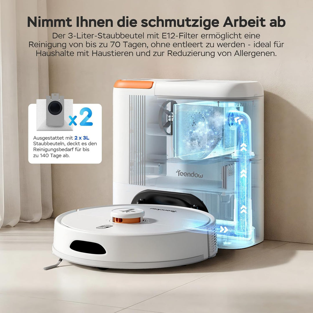 Teendow D20S Max+ Saugroboter mit Wischfunktion, 8000 Pa, 3L Saugroboter mit Absaugstation und Tierp