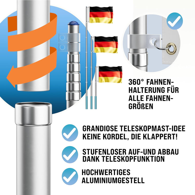 Monzana Aluminium Teleskop Fahnenmast 6,30m Bodenhülse 60cm inkl Deutschlandfahne Flaggenmast Mast F