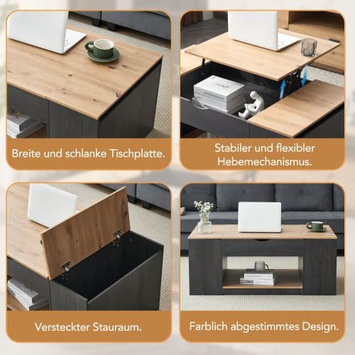 Merax Höhenverstellbarer Couchtisch mit Holzmaserung, Grauer Korpus & Geheime Stauräume, 109cm Kaffe