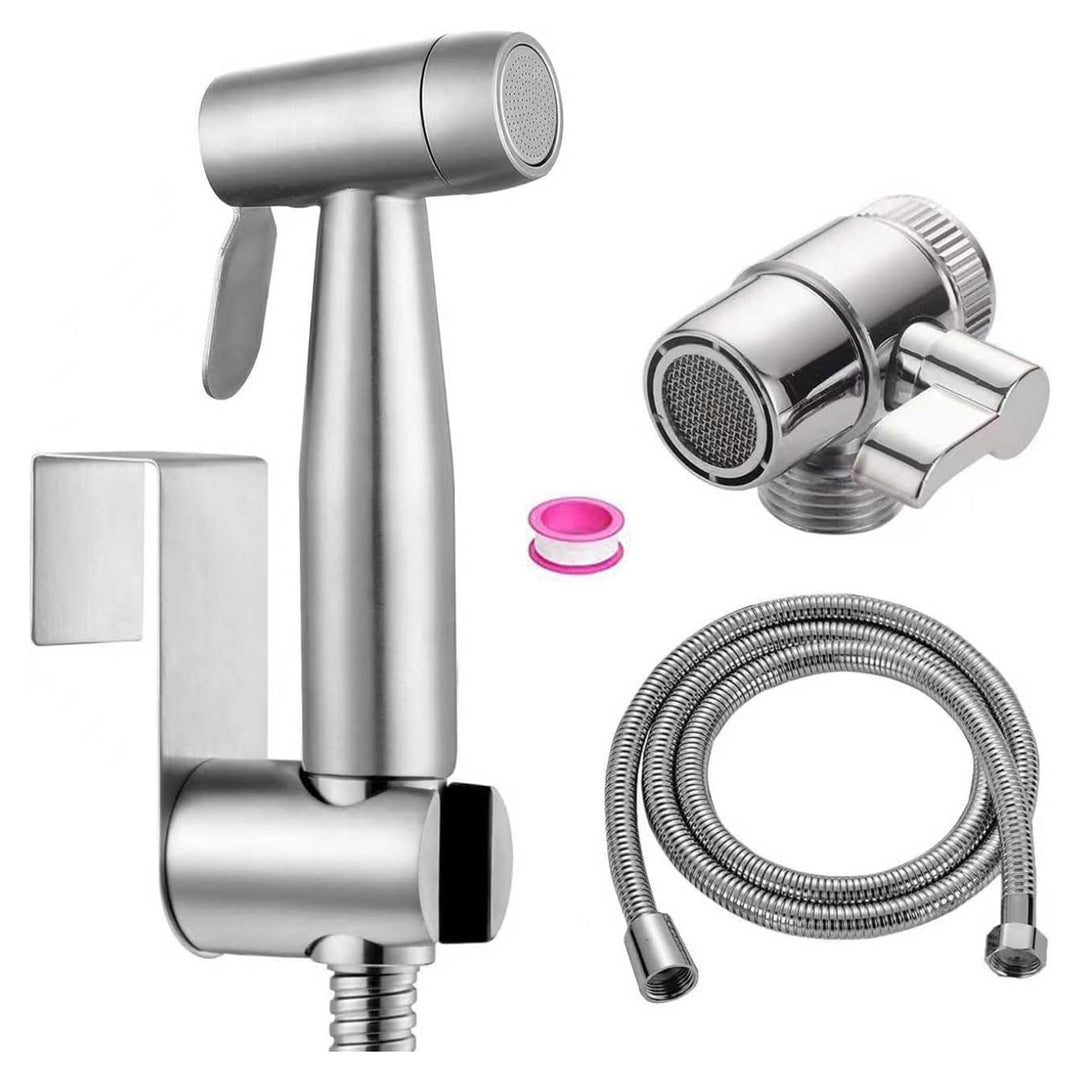 Bidet Edelstahl Handbrause, Badezimmer - Bidetaufsatz mit mit Wasserhahn-Spender, Federschlauchhaken