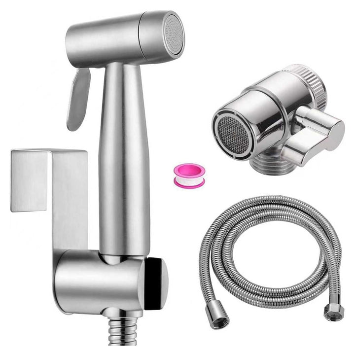 Bidet Edelstahl Handbrause, Badezimmer - Bidetaufsatz mit mit Wasserhahn-Spender, Federschlauchhaken