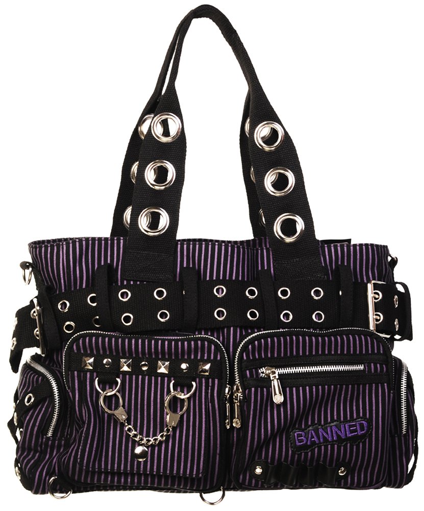 Banned Damen Handtasche mit Handschellen-Details, Rockabilly-Look, Leinwand, violett - violett - Grö