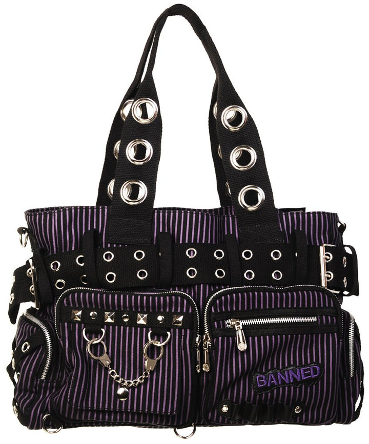 Banned Damen Handtasche mit Handschellen-Details, Rockabilly-Look, Leinwand, violett - violett - Grö
