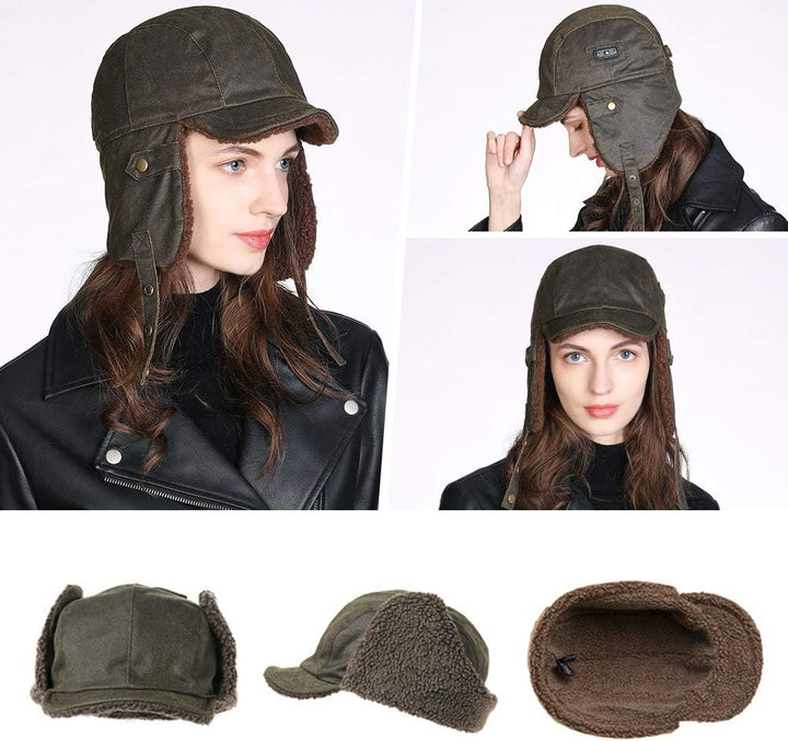 Comhats warme Trappermütze für Herren Kunstleder Hut Unisex Fliegermütze Fellmütze Erwachsenen Männe