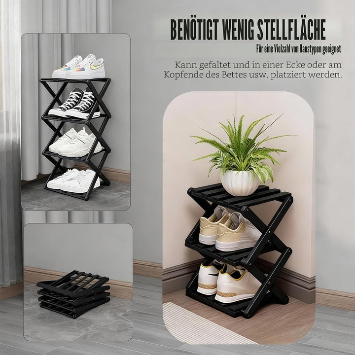 Kleines Schuhregal, schwarz, 3 Etagen, Bambus, faltbar, Schuh-Organizer, freistehendes Regal für Ein