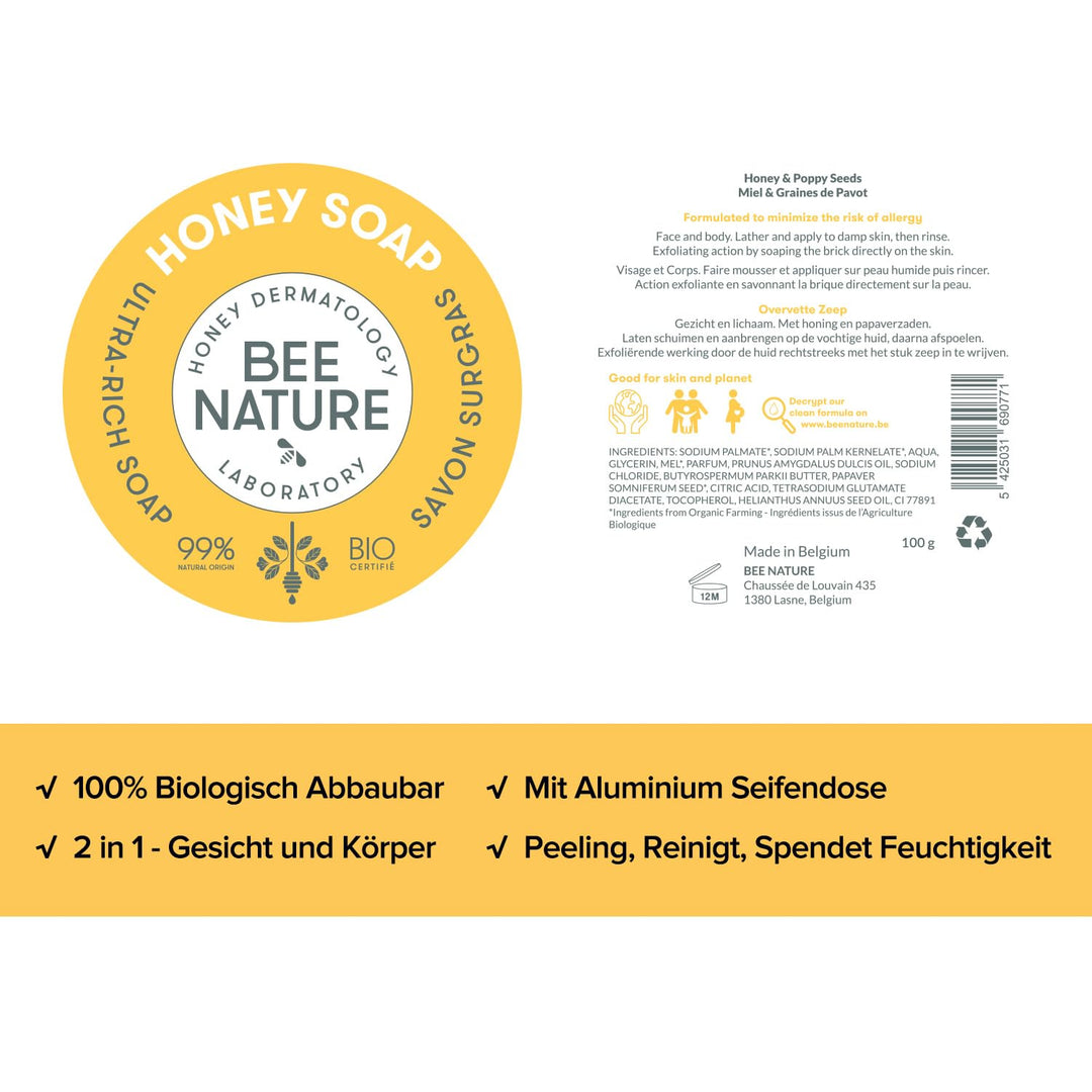 Bee Nature - Peeling Handschuh Grau & Seife Stück mit Seifenschale - Bio-Honig - Feuchtigkeitsspende