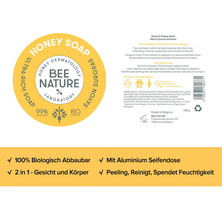 Bee Nature - Peeling Handschuh Grau & Seife Stück mit Seifenschale - Bio-Honig - Feuchtigkeitsspende