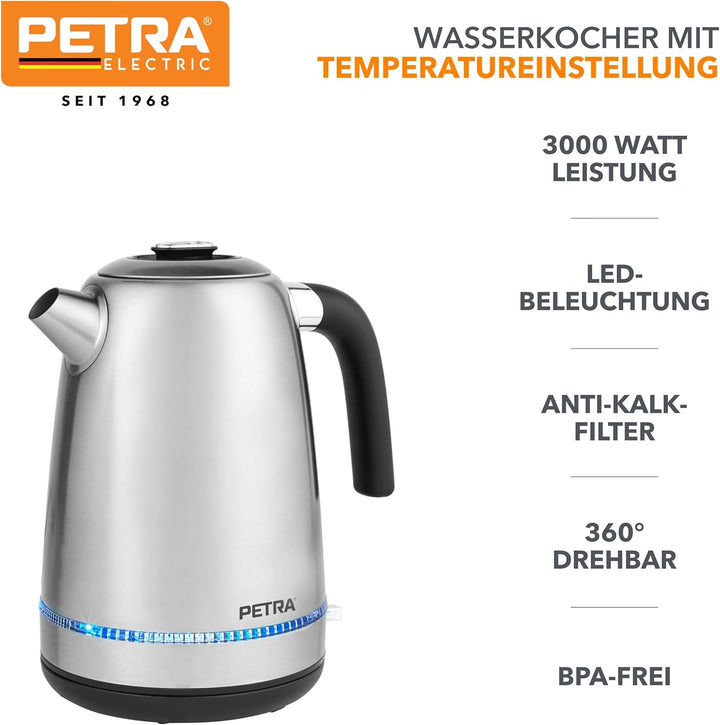Petra Wasserkocher, Elektrisch mit Temperatureinstellung 1,7L mit LED, BPA-frei, mit Kalkfänger & Wa