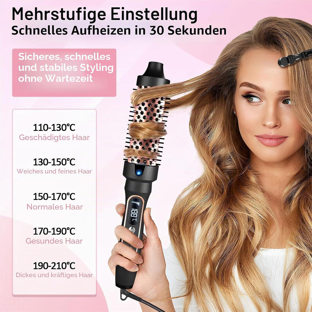 38mm Wärmebürste Thermobürste, 3 in 1 LCD 110-210℃Heated Round Thermal Brush,Lockenbürste für Lose L