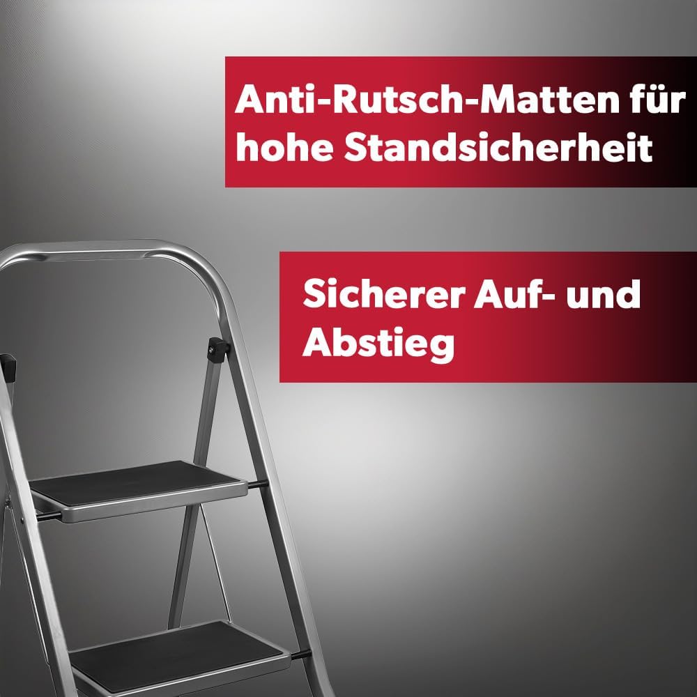 siwitec Klapptritt aus Stahl mit 3 Stufen, anthrazit, kleine Leiter mit Anti-Rutschmatten, 150 kg Tr