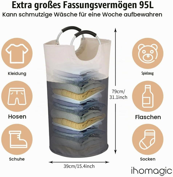 Wäschekorb 95L Faltbar Wäschesammler Wäschetonne Stoff Wäschebox mit Griff, Gross Wäschesortierer Au
