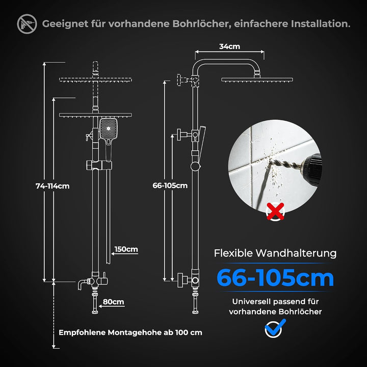 JOHO Edelstahl Duschsystem mit Regendusche ohne Armatur, 35x25 cm Chrom | Regenduschset mit Höhenver