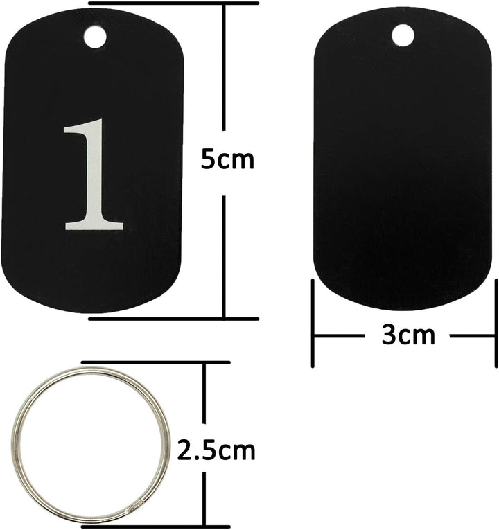 Aluminum Engraved Number Tags Key Tags ID Tags with Key Rings 1-50 Schwarz, 1-50 Schwarz