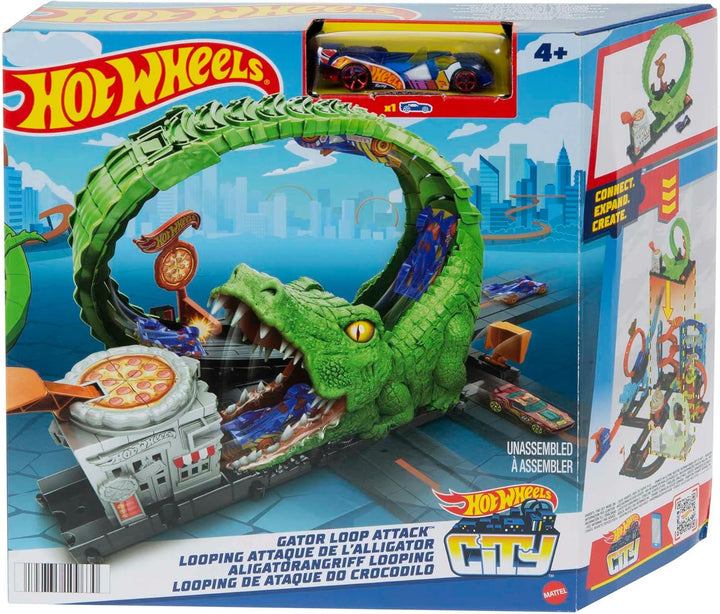 Hot Wheels Spielset Krokodilangriff - Rennbahn, Looping, Spirale, Verstellbarer Schwanz, Pizzeria-De