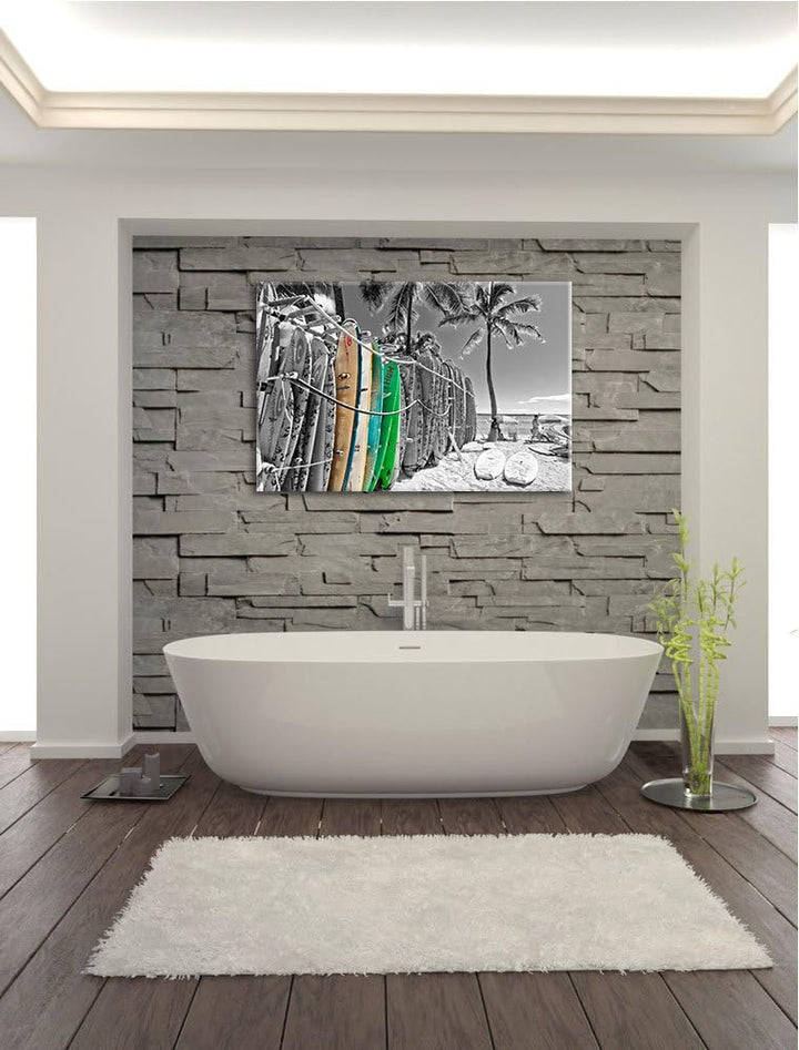 bunter Surfboards am Strand schwarz/weiss Format: 100x70 auf Leinwand, XXL riesige Bilder fertig ger