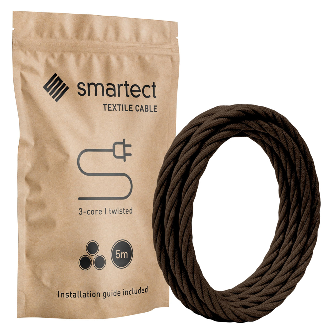 smartect Textilkabel gedreht 3-Adrig (3 x 0.75 mm²) Braun, 5 Meter | Vintage Lampenkabel Stoff, Stro