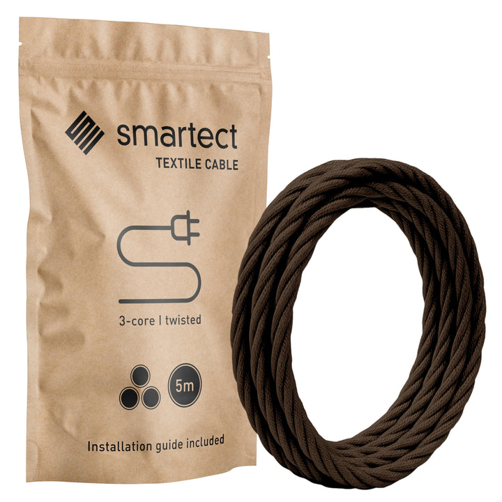 smartect Textilkabel gedreht 3-Adrig (3 x 0.75 mm²) Braun, 5 Meter | Vintage Lampenkabel Stoff, Stro