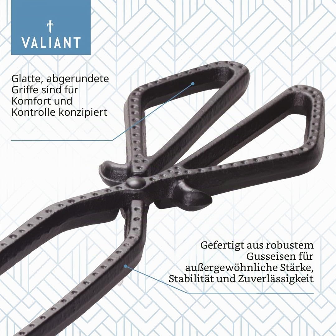 Valiant Robuste Gusseisen-Holz- und Kohlezange | 34 cm Weitwinkel-Kamin, Herd & Feuerstelle, Schwarz