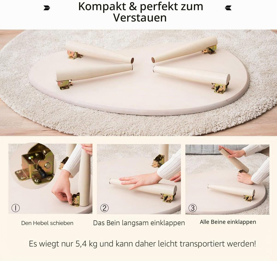EMOOR Klapptisch Holz, Klein-Birnenform(B80xD52cm) Naturfarben, Couchtish Tatami Tisch, Naturfarben