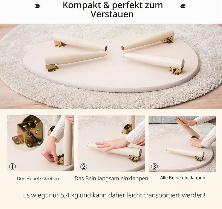 EMOOR Klapptisch Holz, Klein-Birnenform(B80xD52cm) Naturfarben, Couchtish Tatami Tisch, Naturfarben