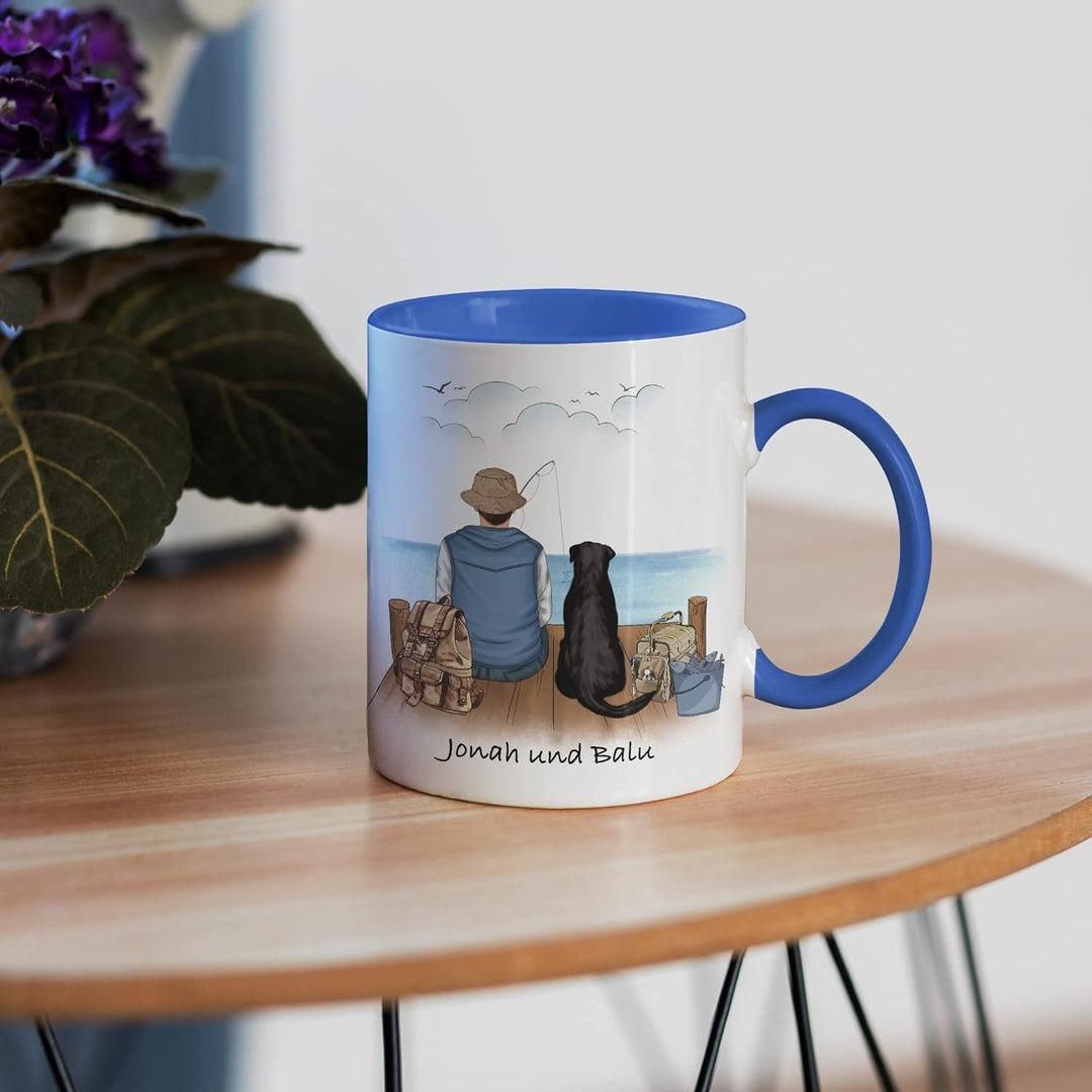 Angler &amp; Hund Tasse Blau Personalisiert Individuell mit Name Angeln Fischen Geschenk Opa Vater zum V