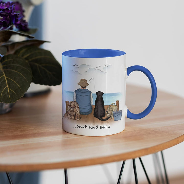 Angler &amp; Hund Tasse Blau Personalisiert Individuell mit Name Angeln Fischen Geschenk Opa Vater zum V