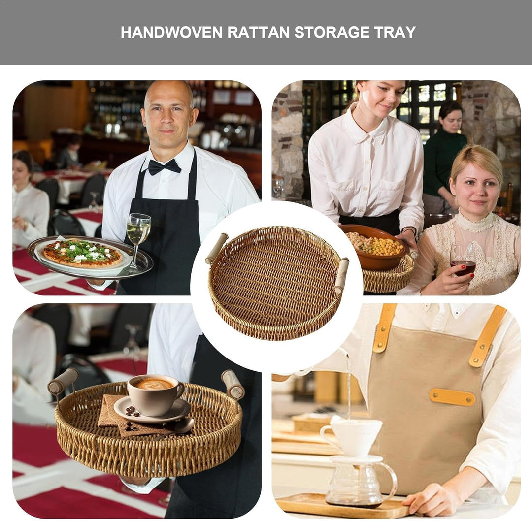Dekoratives gewebtes Tablett, rundes Rattan-Tablett, Servierkörbe, Serviertablett, handgewebt, Badez