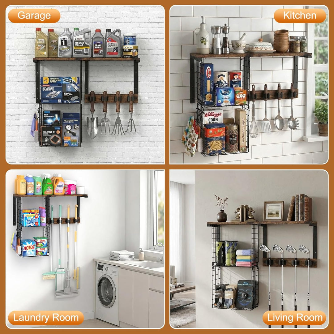 Housolution Besenhalterung Wand mit Putzmittel Regal, 45 KG Hohe Tragfähigkeit Besenhalter Mopphalte