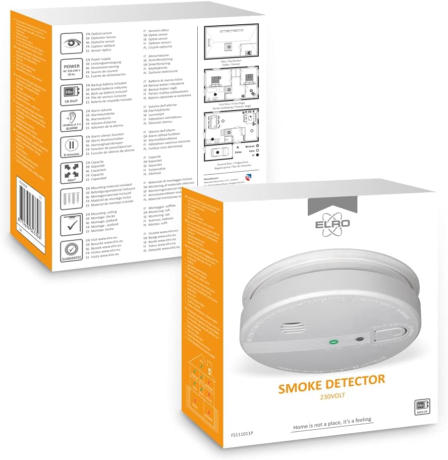 ELRO FS1110P Rauchwarnmelder - 230 Volt - verdrahtet vernetzbarer mit 10 Jahres Back-Up Batterie - E