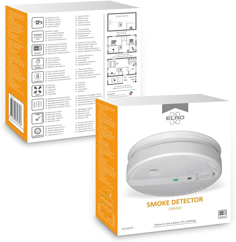 ELRO FS1110P Rauchwarnmelder - 230 Volt - verdrahtet vernetzbarer mit 10 Jahres Back-Up Batterie - E