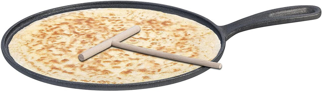 Rosenstein &amp; Söhne Crepepfanne: Gusseiserne Crêpe-Pfanne für Grill und Herd mit Teigverteiler, Ø 28