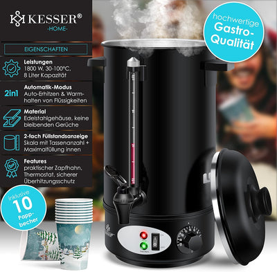 KESSER® Glühweinkessel 8L Edelstahl Inkl. 10x Becher Glühweinkocher mit Thermostat Glühweinautomat H