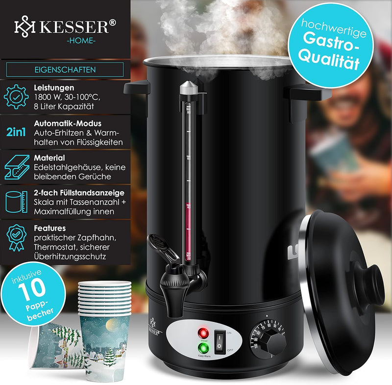 KESSER® Glühweinkessel 8L Edelstahl Inkl. 10x Becher Glühweinkocher mit Thermostat Glühweinautomat H