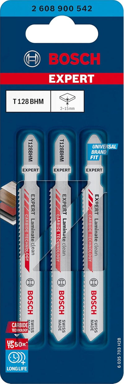 Bosch 3x Expert ‘Laminate Clean’ T 128 BHM Stichsägeblatt (für Kompaktlaminat-Vinyl, PVC, HPL, Länge