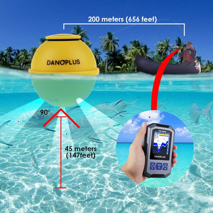 Kabelloser Fischfinder Tragbarer Fischfinder Sonar-Sensor 45 m Tiefenerkennung Wiederaufladbare Tief