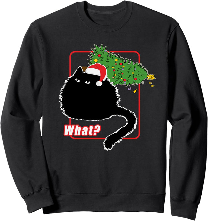 Katze Santa Hat stösst über Weihnachtsbaum Blend Fragen Was? Sweatshirt