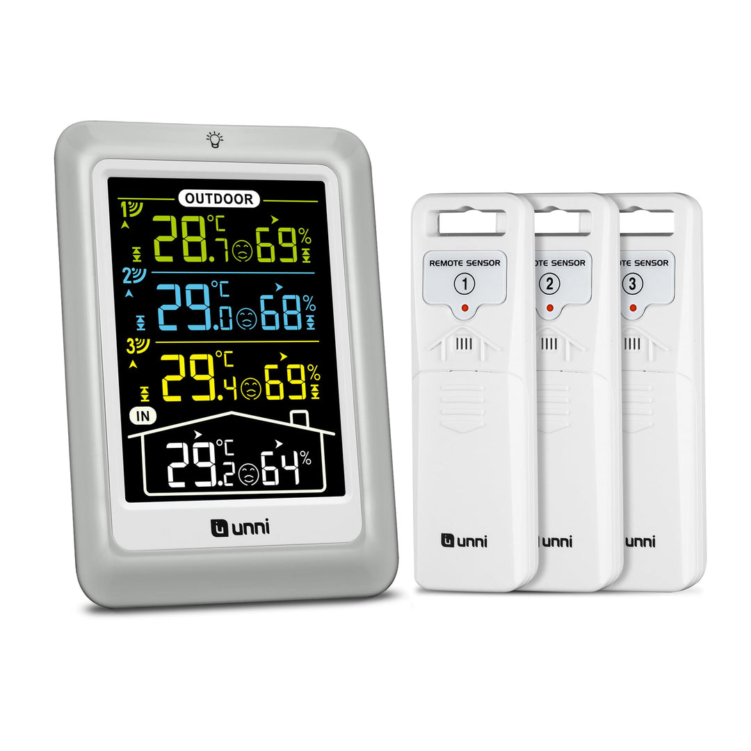 U UNNI Funk Wetterstation mit 3 Aussensensoren, 4.5 Zoll Display Temperatur Feuchte Monitor mit 330