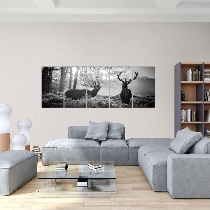 Runa Art Wandbild XXL Winter Hirsch Wohnzimmer Schlafzimmer 200 x 80 cm Schwarz Weiss 5 Teilig - Mad