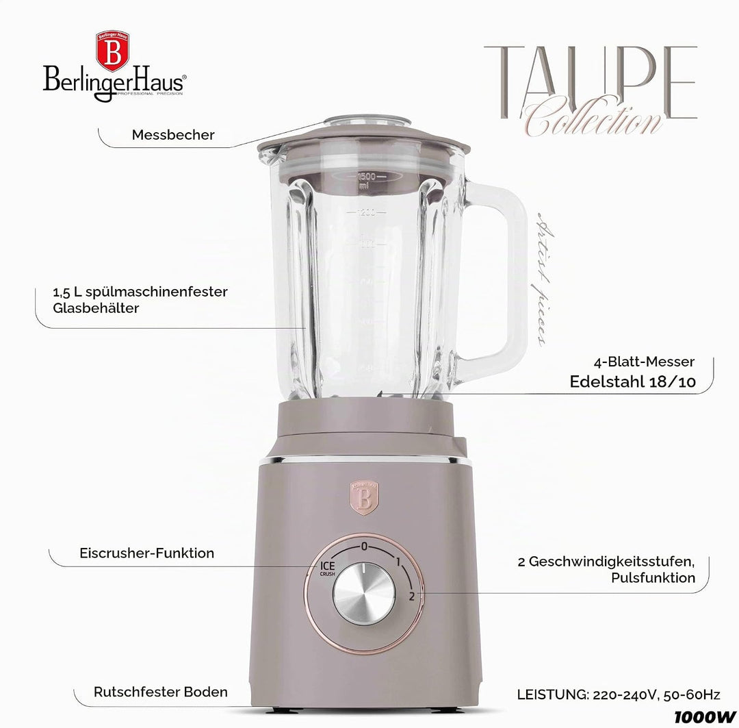 Berlinger Haus Tischmixer mit Glasbehälter 1,5 L 1000 W Taupe Collection | Stilvoll, Leistungsstark