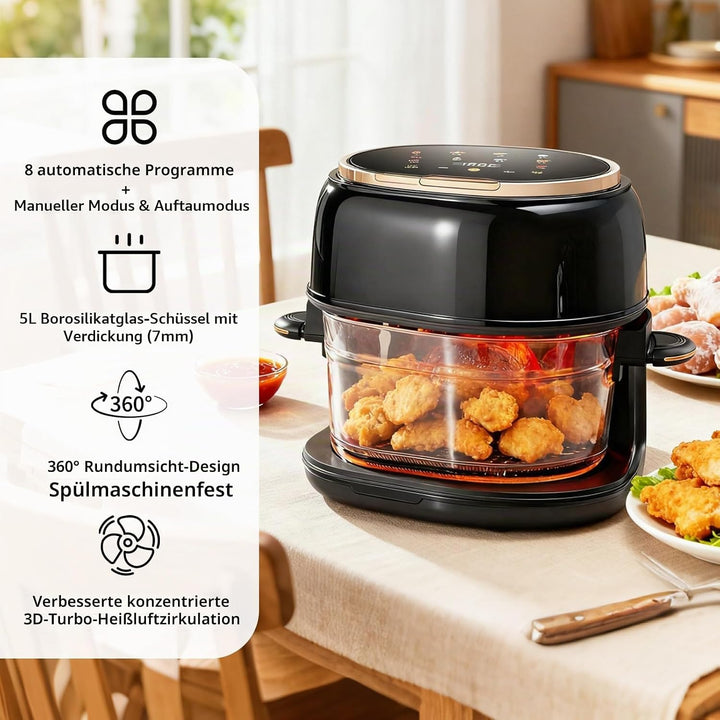 Heissluftfritteuse 5L, spülmaschinenfest Glaskorb, Sichtfenster &amp; Touchscreen, 8 Smart Programme, 1–