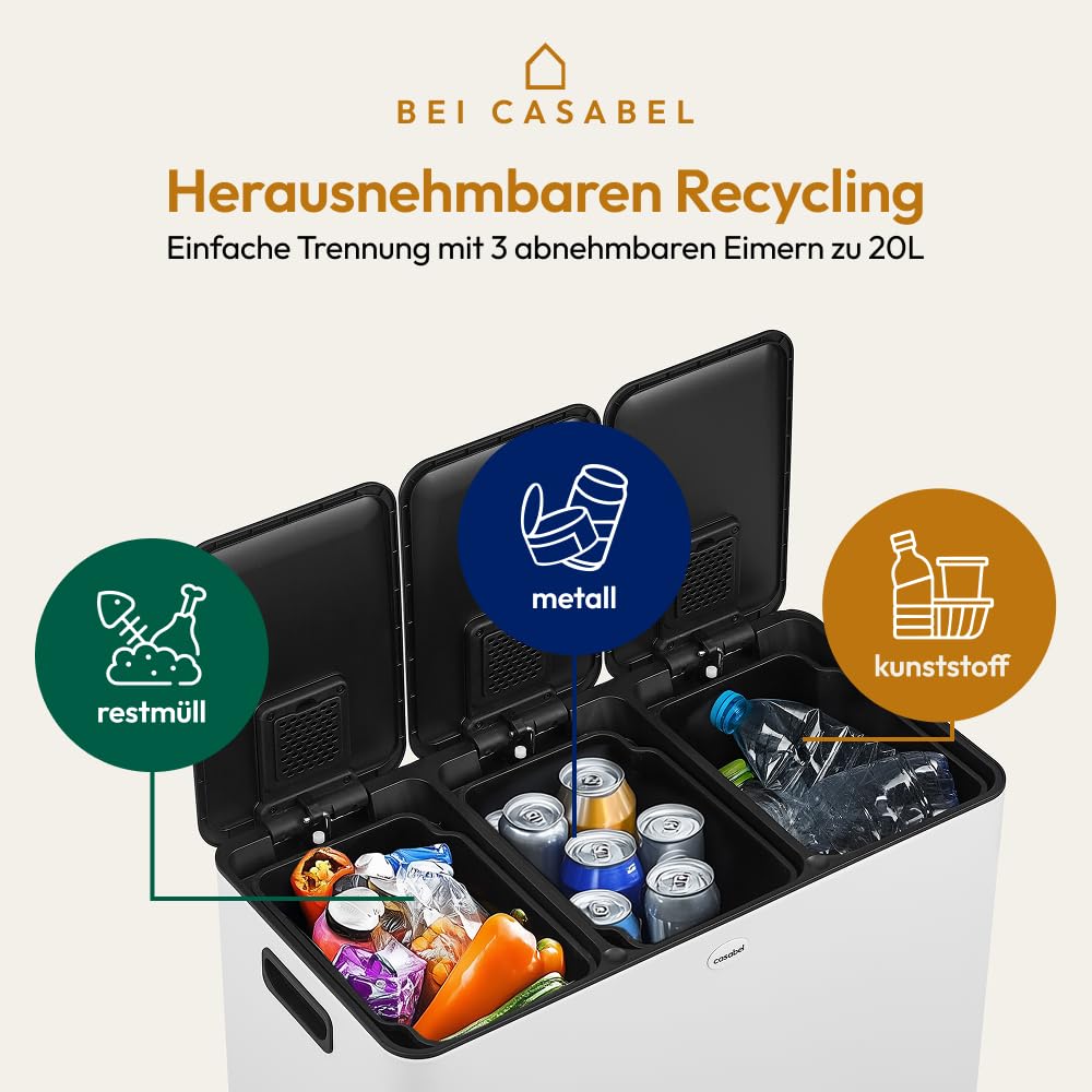 CASABEL Mülleimer Küche 60 L - Mülltrennsystem 3 x 20 L aus Rostfreiem Edelstahl, Rechteckiger Recyc