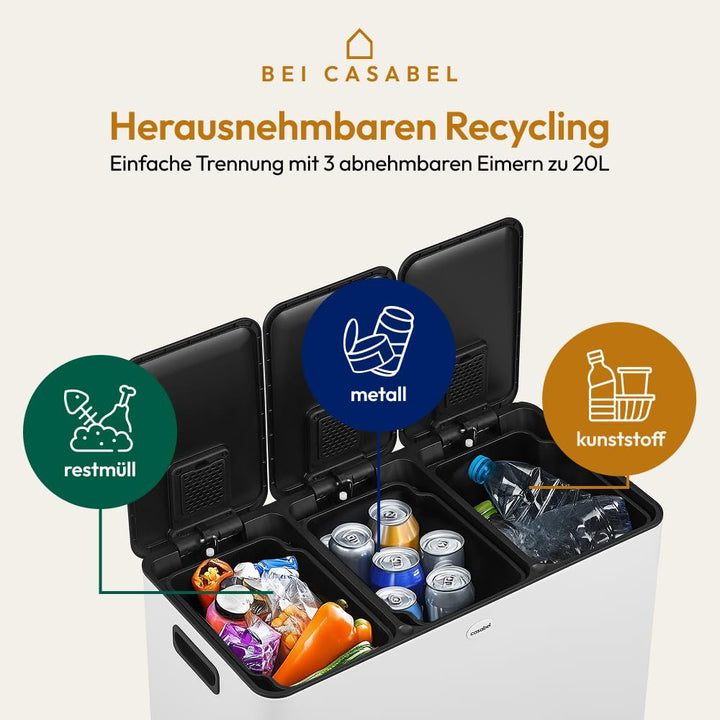 CASABEL Mülleimer Küche 60 L - Mülltrennsystem 3 x 20 L aus Rostfreiem Edelstahl, Rechteckiger Recyc