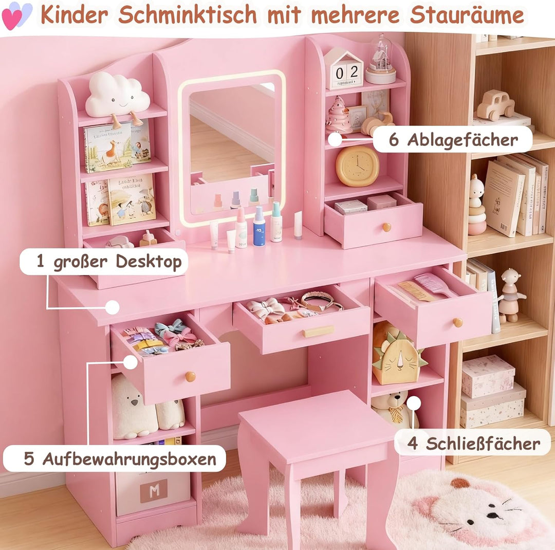 Clevich Schminktisch Kinder Set, Kinderschminktisch mit LED Beleuchtung, 5 Schubladen, 10 Staufächer