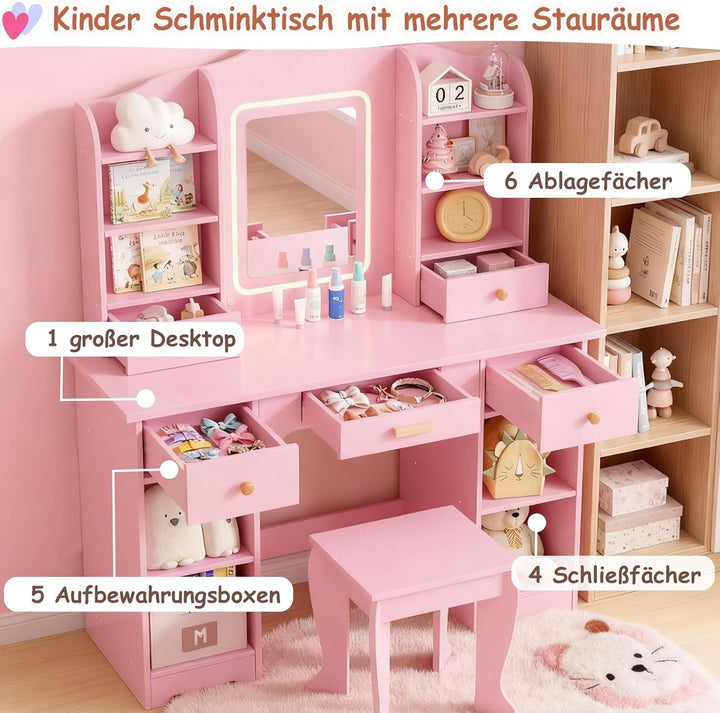 Clevich Schminktisch Kinder Set, Kinderschminktisch mit LED Beleuchtung, 5 Schubladen, 10 Staufächer