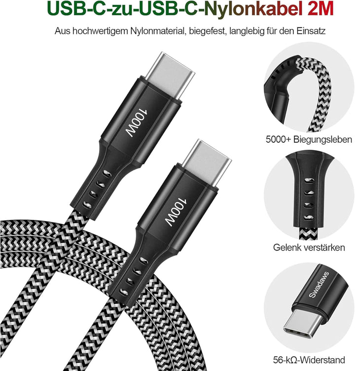 45W USB C Schnellladegerät Super Fast Netzteil USB C Ladegerät mit (2m, 100W) USB C Nylon Kabel für
