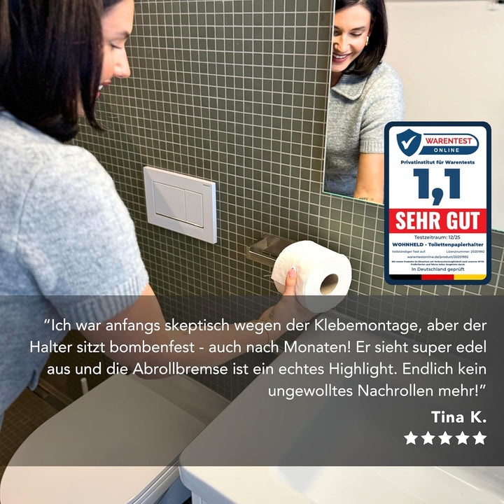 WOHNHELD® Toilettenpapierhalter ohne Bohren [Mit Abroll-Bremse] Edelstahl - Silber & Schwarz - Kloro