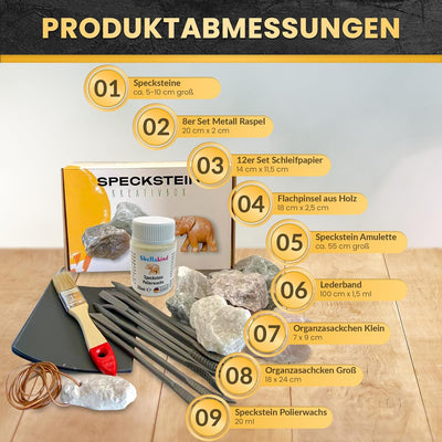 Sheflajor Speckstein Set: 1kg Speckstein / 8 Raspeln / 12 Schleifpapier / Flachpinsel / inklusive An
